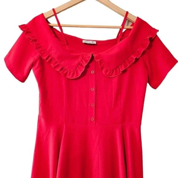 Molly Bracken Ruffle Short Sleeve Midi Casual Red Dress Size Medium. - Picture 3 of 13